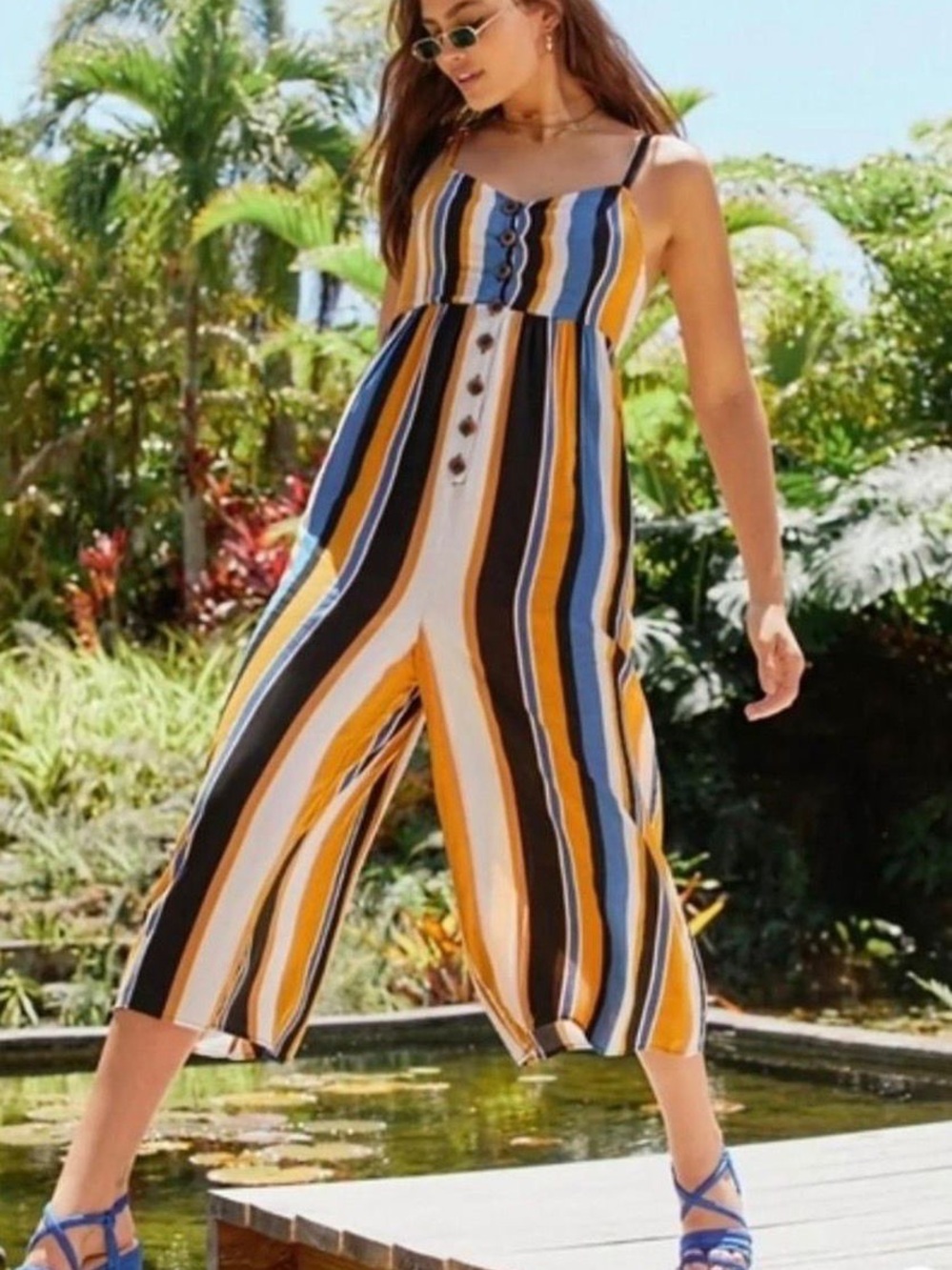 Urban Outfitters Striped Spaghetti‑Strap Jumpsuit in Yellow, Blue & Black